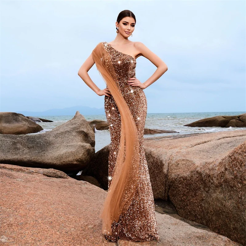 

Champagne Sequins Women Prom Dress Cape One Shoulder Party Skirt Robes Sleeveless Sexy Long Mermaid Formal Birthday Evening Gown