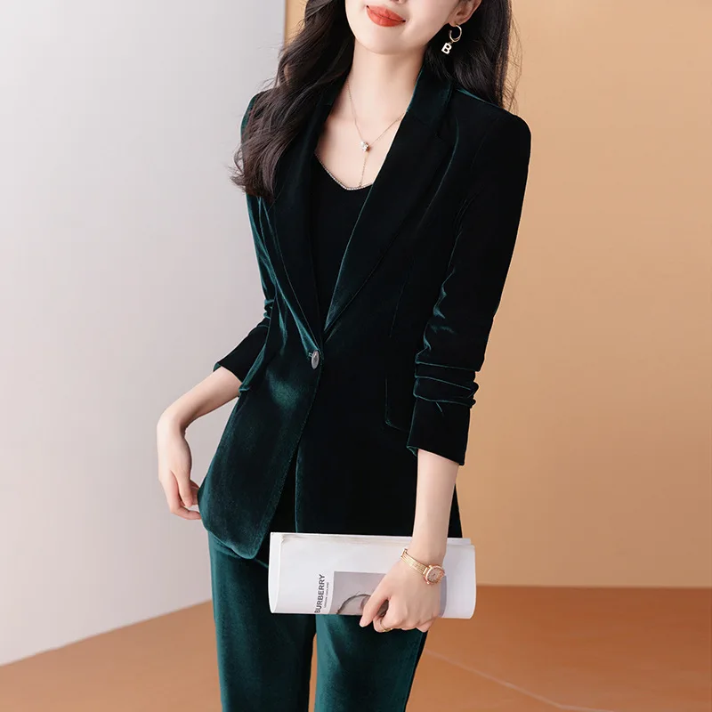 Autumn Winter High Quality Fabric Velvet Formal Pantsuits for Women Business Work Wear with Pants and Jackets Coat Blazers Set