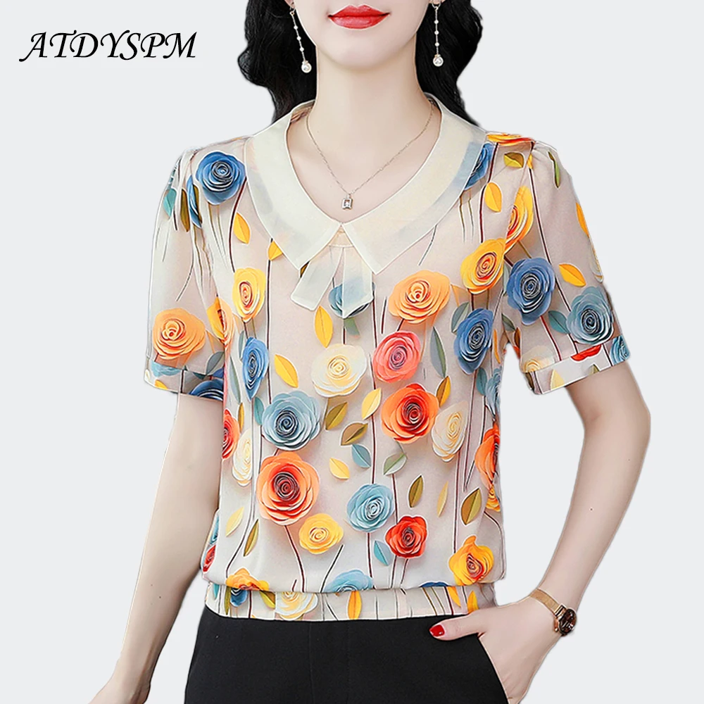 

2024 Summer New Fashion 3D Printed Shirts Women Casual Short Sleeve Silk Tops Elegant Female Clothing Soft Outwear Blouses