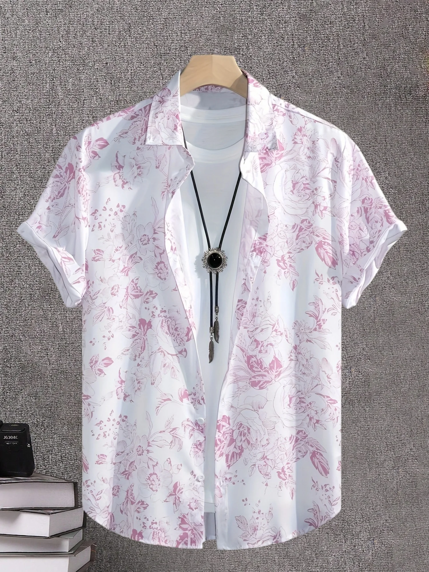 Men White Light Pink Ink Wash Rose Floral Gentle Style Short Sleeve Casual Shirt