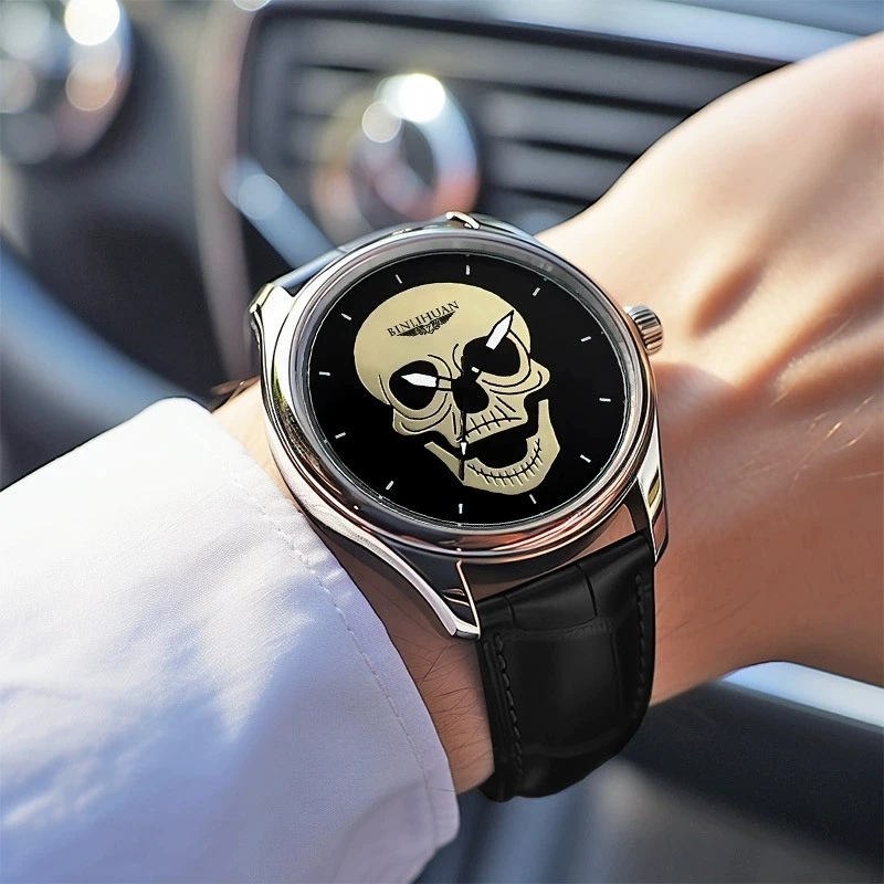 New Fashion Man Luxury Skull Leather Watch Men Sports Casual Quartz Watches Students High Quality Wristwatches Male Clock Gifts