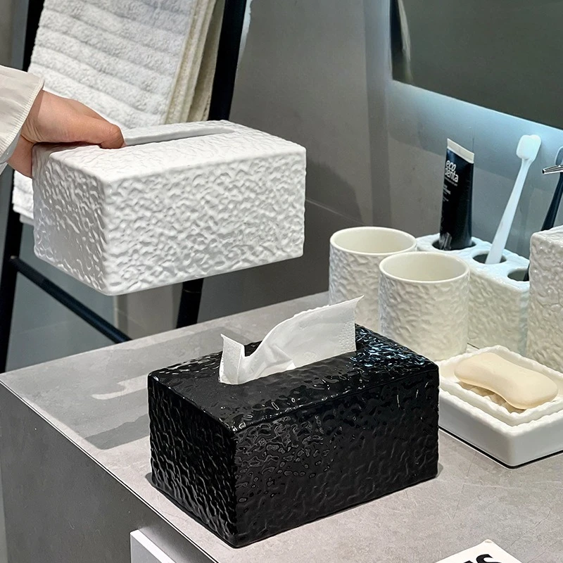 Creative Ripple Pattern Black and White Ceramic Tissue Box Modern Porcelain Dining Table Pull-Out Tissue Box Desktop Tissue Box