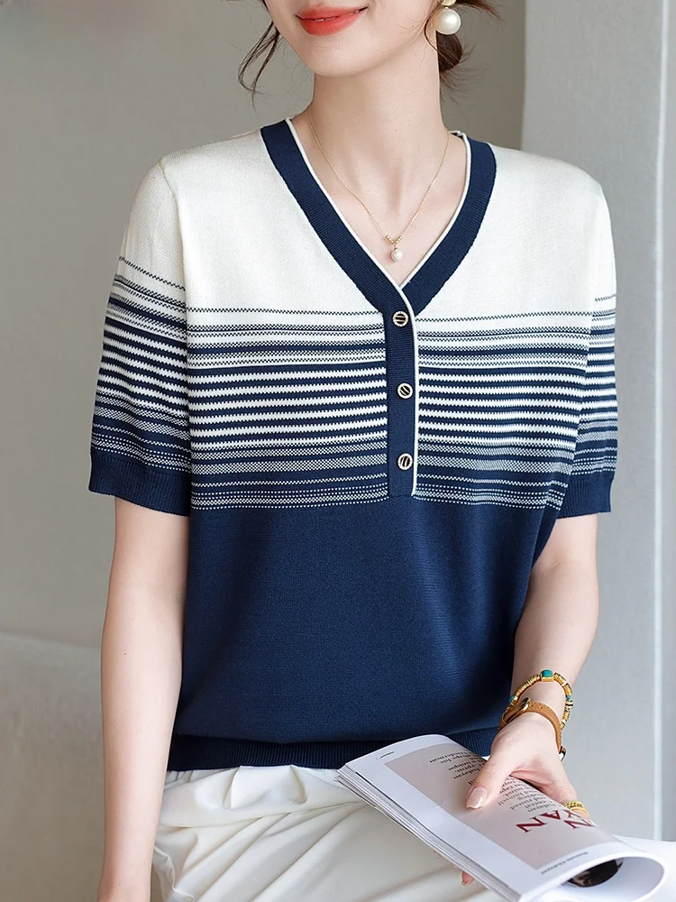 

Faionable Ice Silk Knitted Top Set for Middle-Aged Women ort Sve V-Ne Loose Fit Summer Outfit Korean Sle T-irt