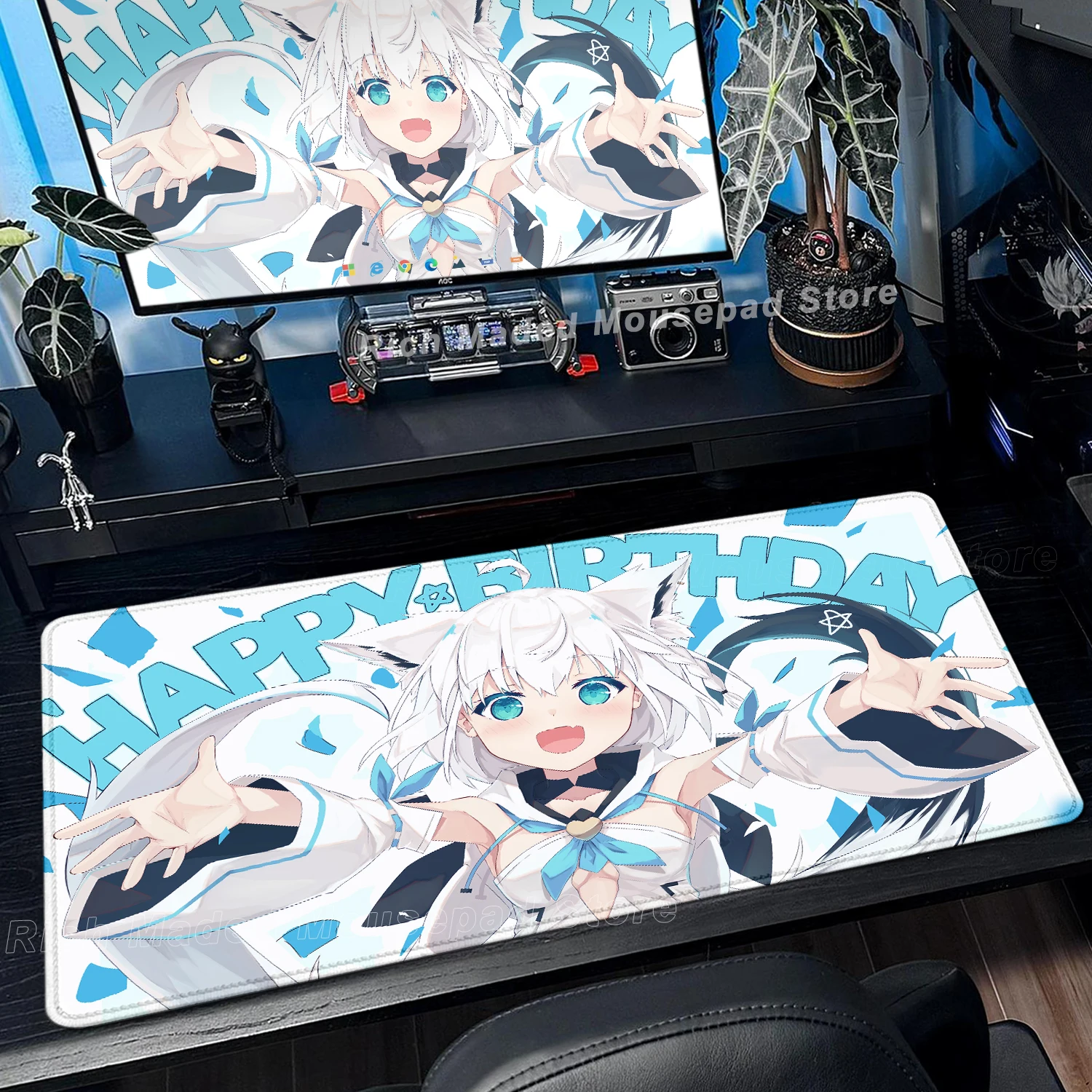 Alas Mouse Anime Hololive Shirakami Fubuki Alas Meja Besar Alas Keyboard Komputer Laptop Lembut Anti-selip Alas Meja Gaming Mousepad