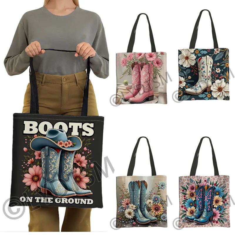 

Cowgirl Boots Causal Totes Women Handbag Boots on The Ground Large Capacity Shoulder Bag for Travel Reuseable Lady Shopping Bag