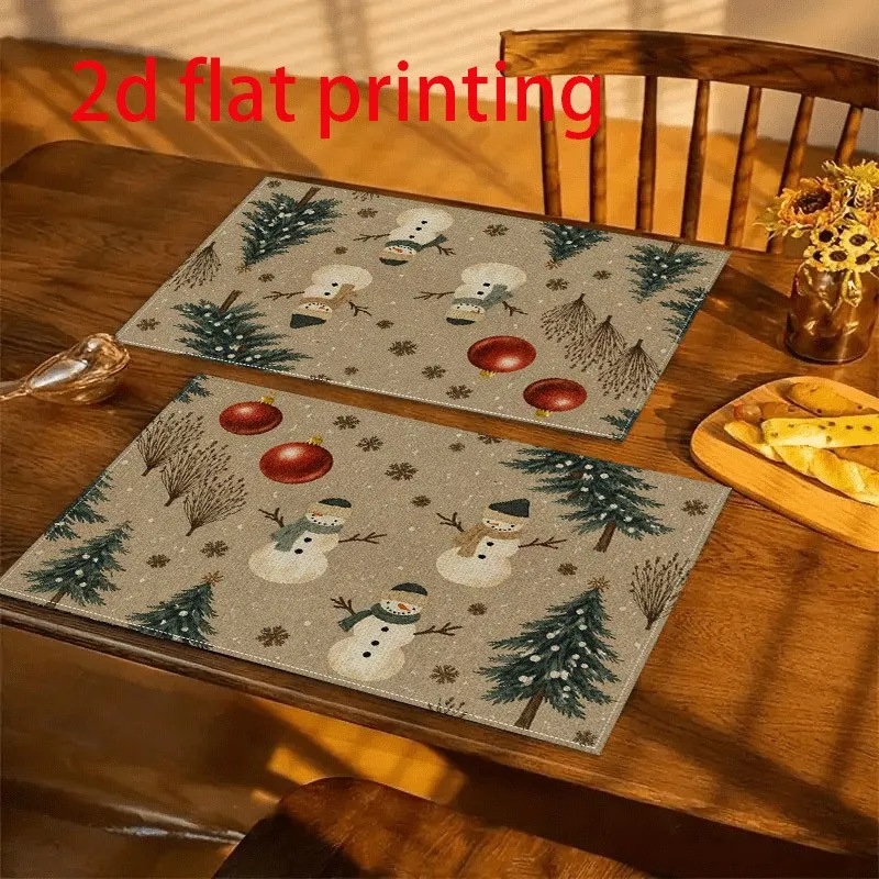 VIKAMA Christmas Linen Placemats, Santa Sleigh Reindeer Snowy Village, Machine Washable, Holiday Dinner