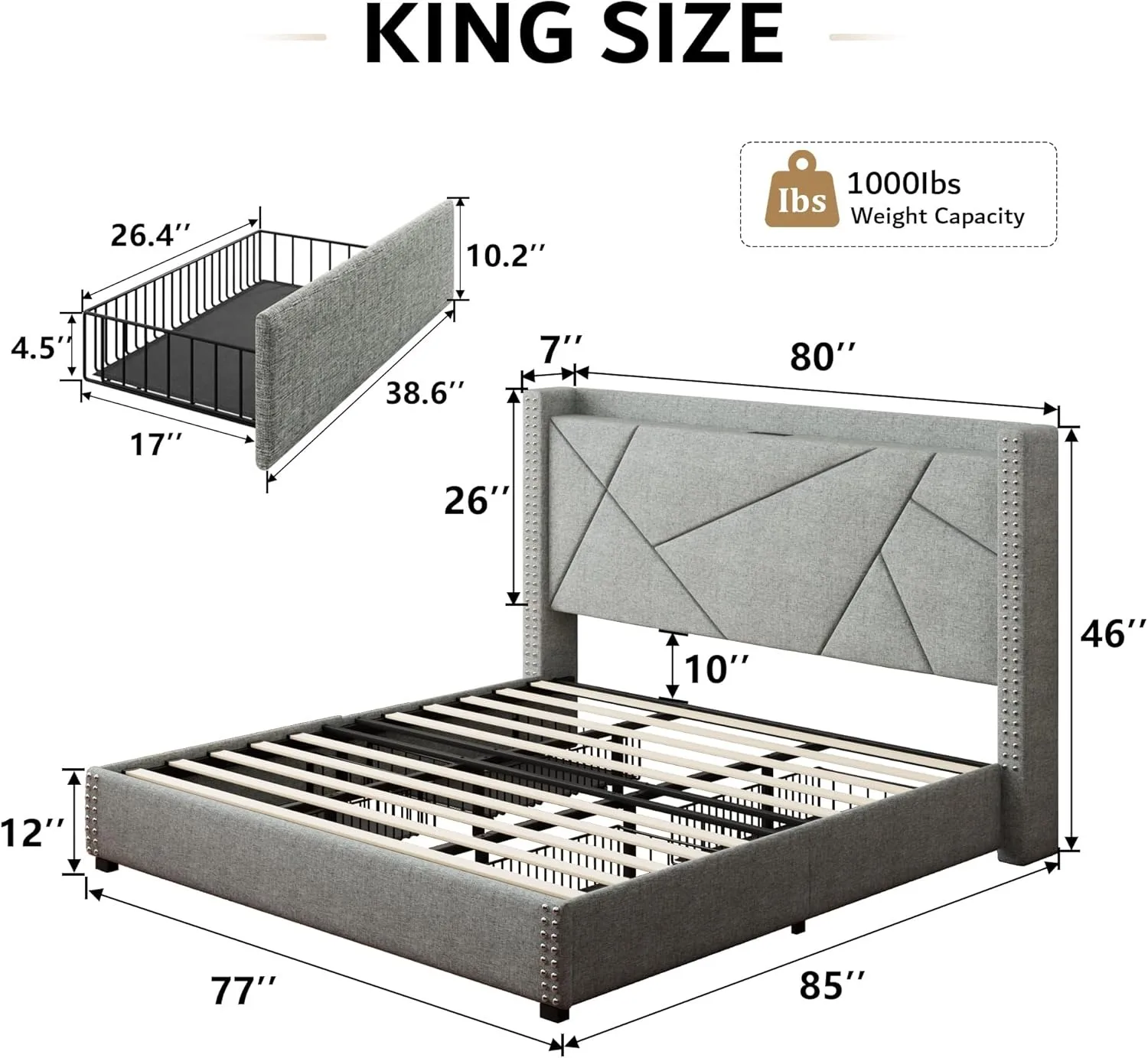 King Storage Bed Frame with 4 Drawers, Upholstered Bed Frame with Minimalist Wingback Headboard and Charging Station.Light Gray