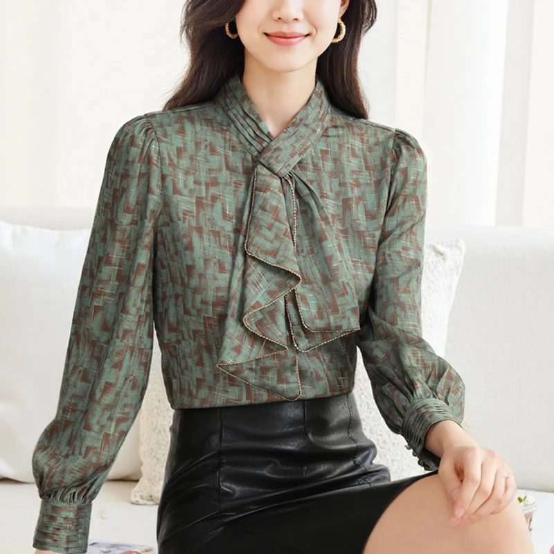 Elenagt Gedrukt Dames Office Shirts Mode Trui Sjaal Hals Commuter Blouses Vrouwen Tops Hoge Kwaliteit Kleding Femme