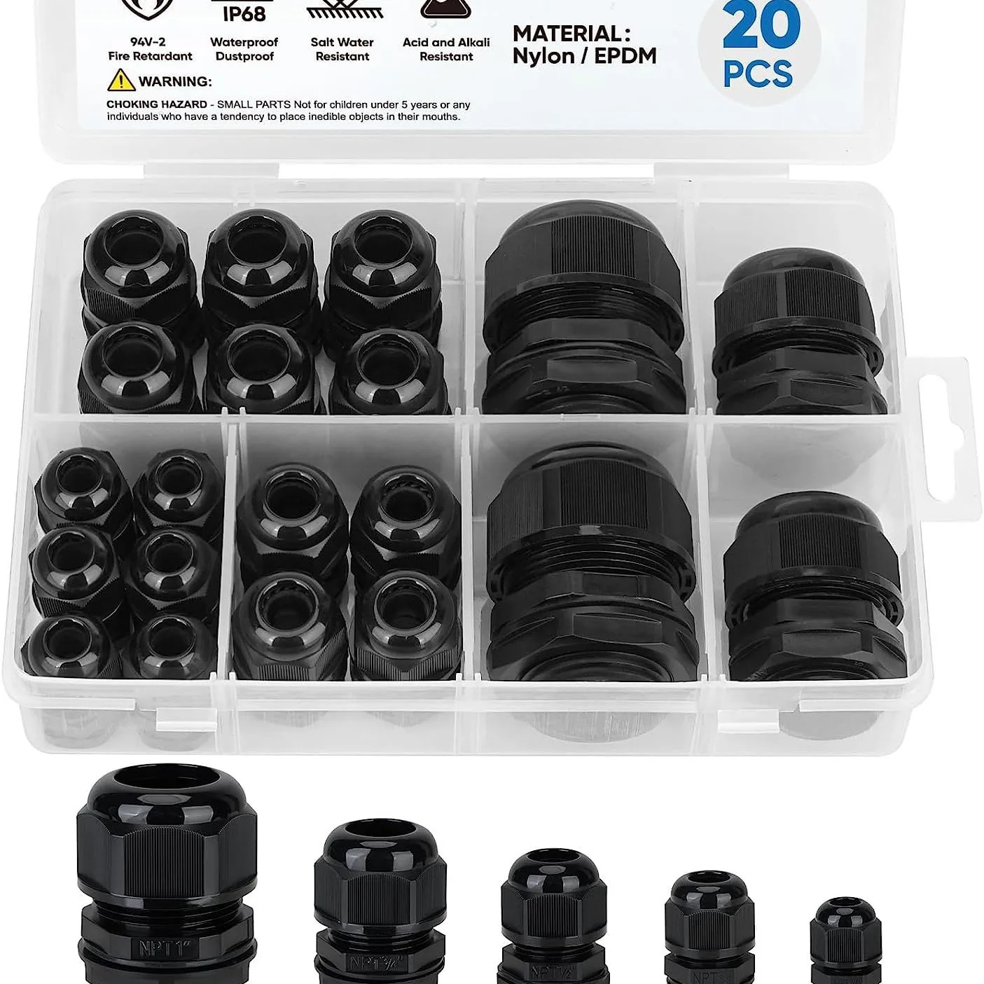 IP68 Waterproof Cable Gland Kit Nylon NPT Adjustable Cable Connectors 20PCS Assorted Box