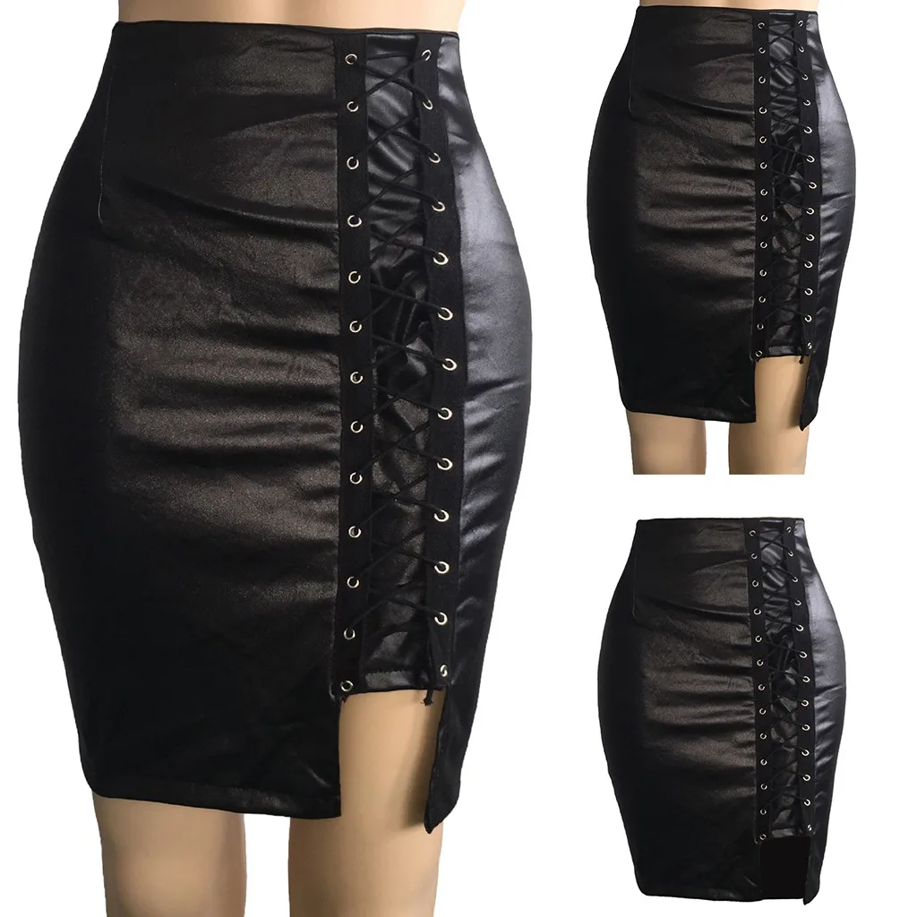 

Long Skirt Leather Ladies Knee Skirt Hip Skirt And Waist Women Bandage High Split Sexy Skirt Womens High Waist Pencil Skirt