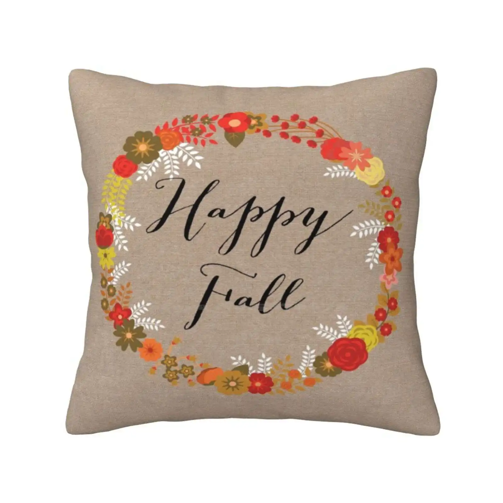 Happy Fall Home Sofa Car Waist Throw Pillowcase Happy Fall Autumn Home Couch Cover Orange Red Colors Earthy Rustic Burlap Faux