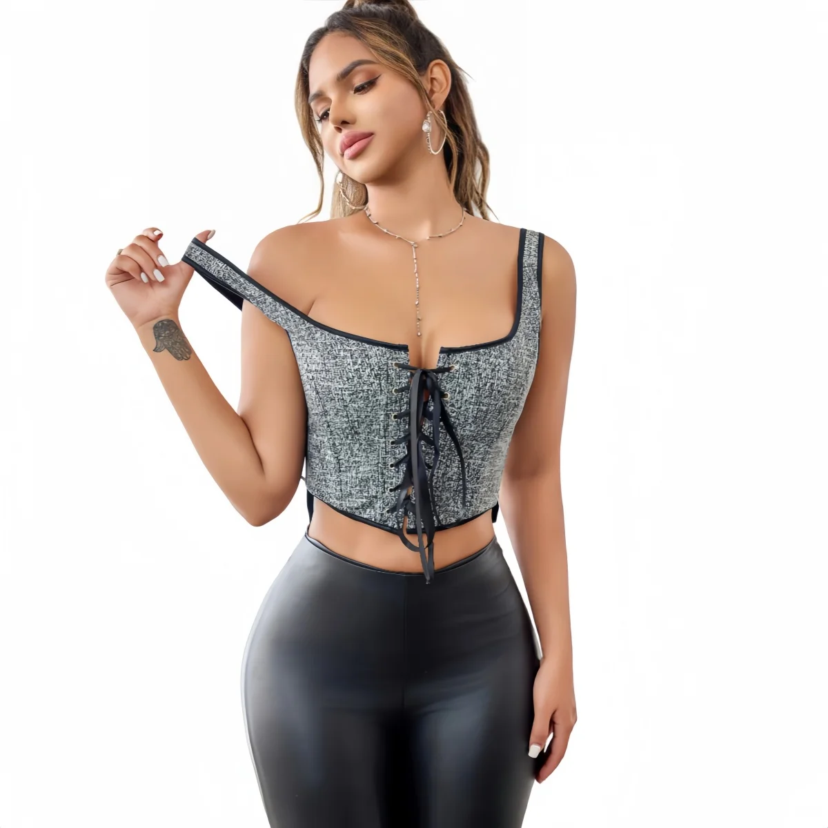 

Grey Tweed Lace-Up Corset Top - Women Adjustable Straps Square Neck Bustier Waist Trainer Crop Top