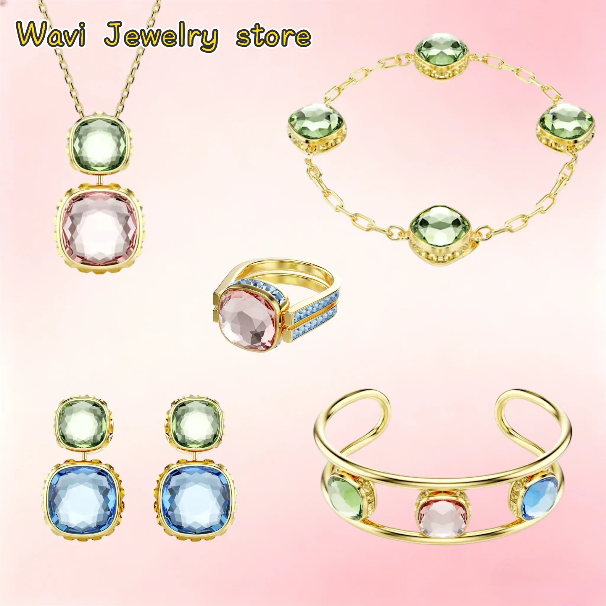 Original 2026 New Trend Fine Anniversary Jewelry Set Charm Blue Pink Double Sided Crystal Fashion Women's Necklace Ring Earrings