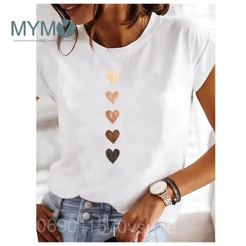 Short Sleeve Casual Ladies Fashion Female Graphic Tees Women Plus Size T-shirt Love Heart Watercolor Sweet Print Summer Clothing