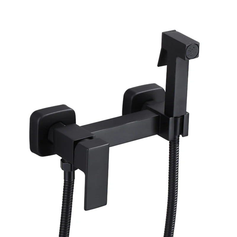 

Modern Design Wall-Mounted Toilet Bidet Mixer Faucet Hot Cold Water Brass Shattaf Bidet Sprayer Black Finish Bathroom Accessory