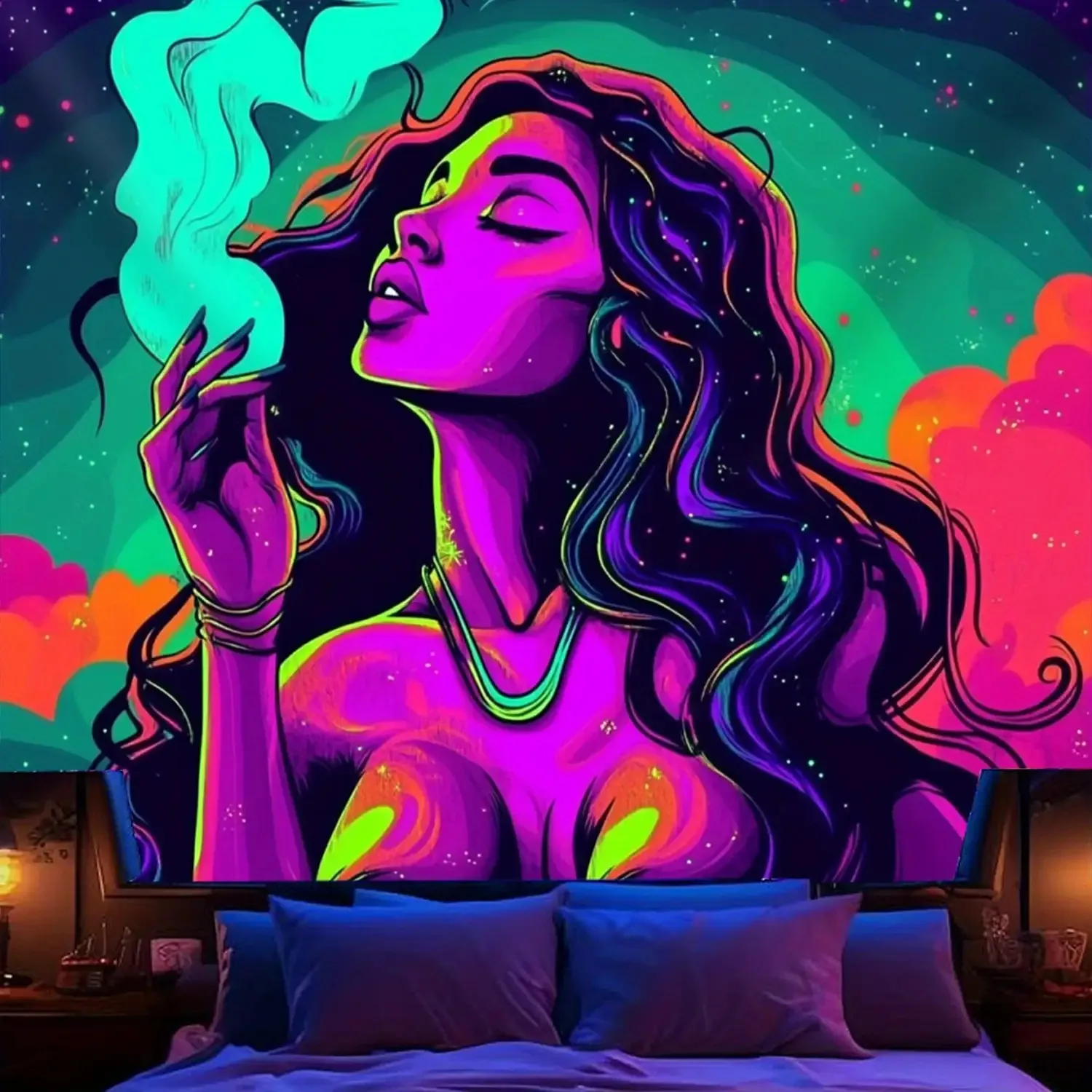 Neon Woman Tapestry with Glowing Smoke and Cosmic Hair for Bedroom Decor Psychedelic Art BackdropVibrant WallHangingPurple Green