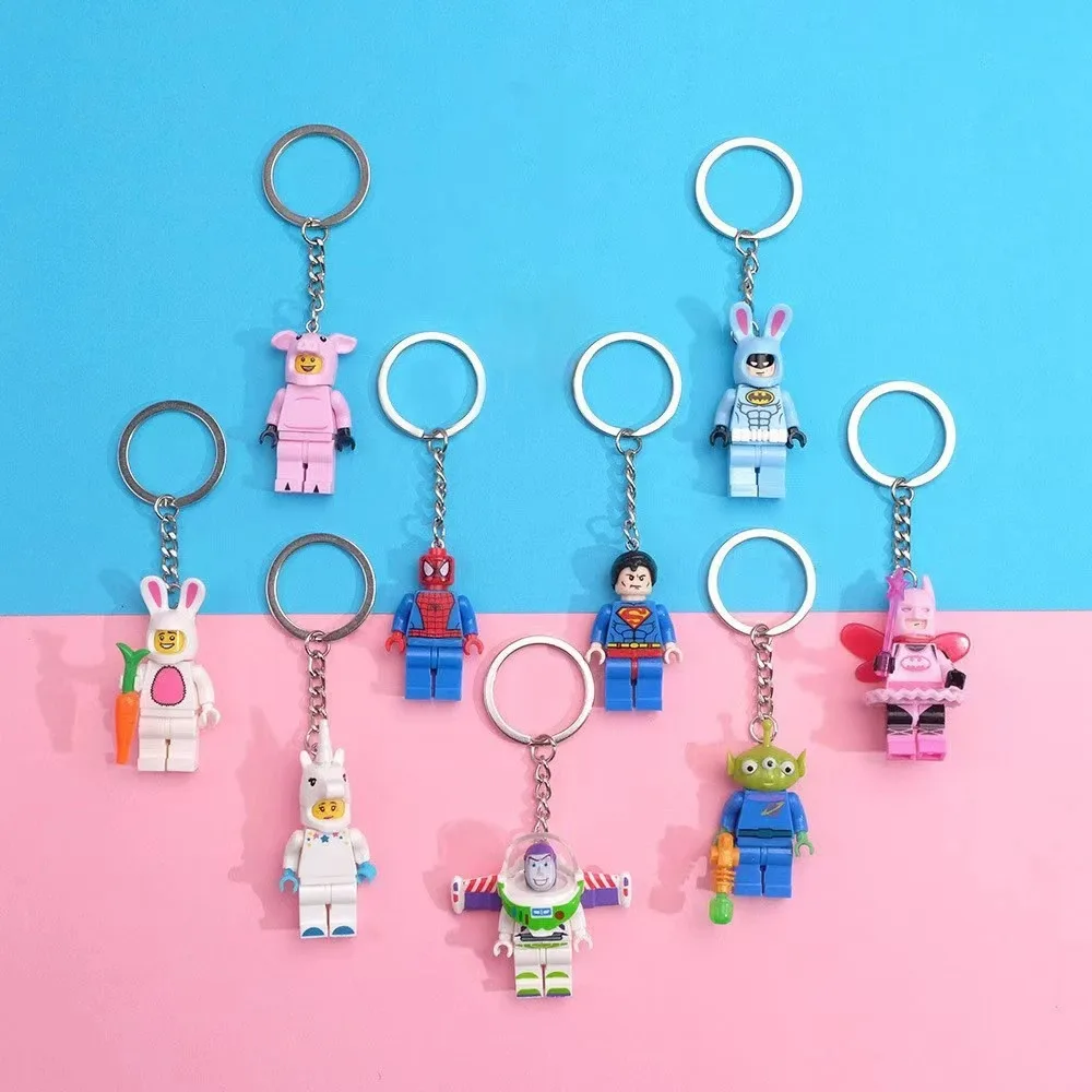 Marvel Superhero Figure Doll Building Blocks Keychain SpiderMan Betman Buzz Lightyear Cartoon Character Car Ornament Keyring New