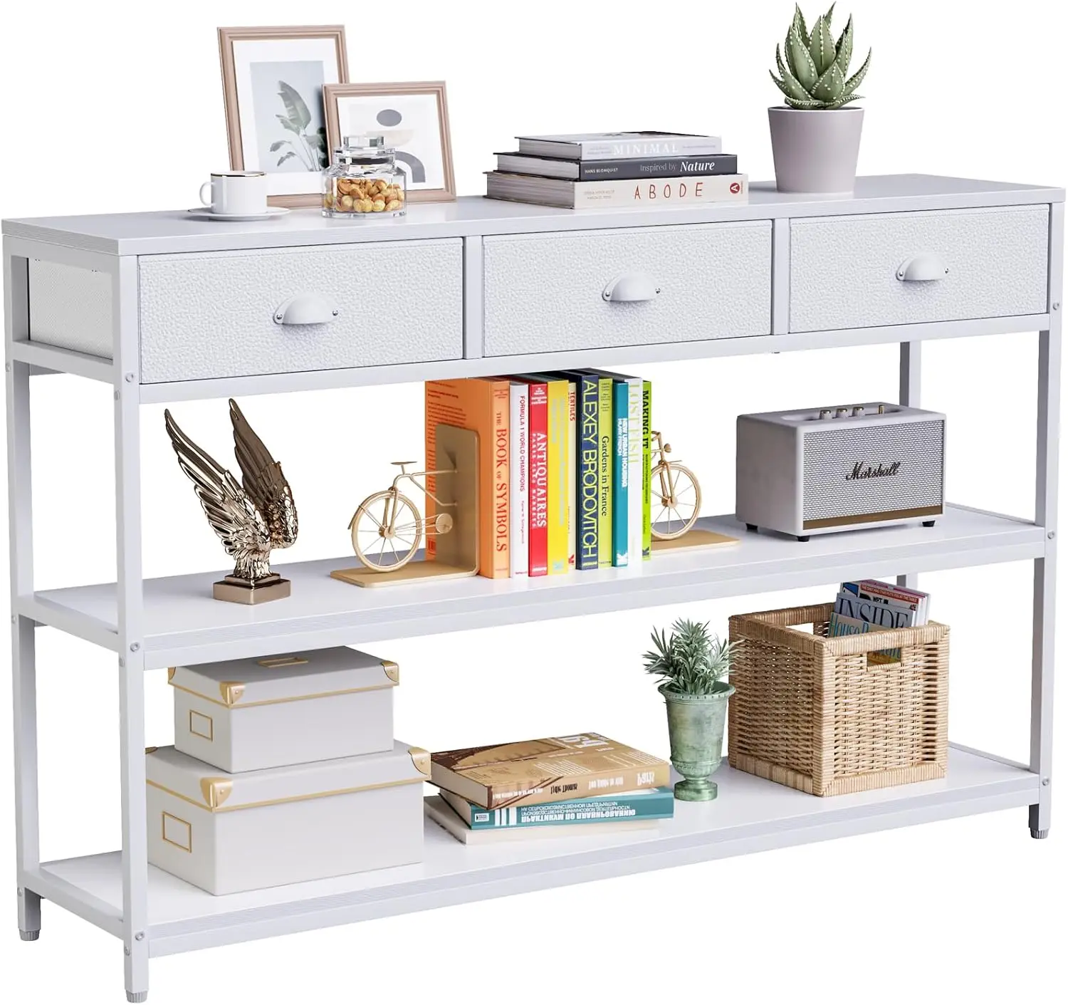 

White Long 47" Console Sofa Table with 3 Drawers, Entryway Table with 3-Tier Storage Shelves, Display Shelf for Entry Way