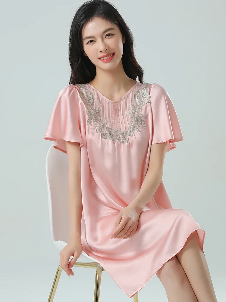 

22 мм шелковая сорочка, ночная рубашка, кружевная ночная рубашка с вышивкой, круглый вырез, 100% шелк тутового шелка, свободное пижамное платье с короткими рукавами PJS