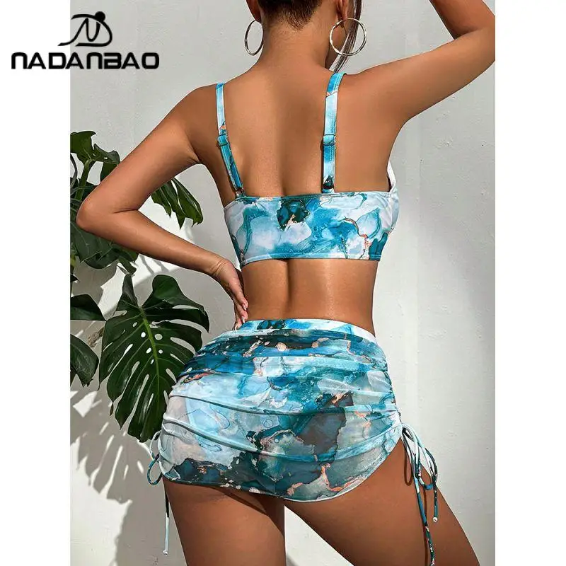 Nadanbao Sexy Deep V Bikini Sets Women Backless Fashion Swimwear Dress Female Beach Party Bandage Plicated Bikini Suits New