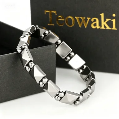 Teowaki Gloss Polished Black Hematite Elastic Bracelet Pyramid Round Beads Men Holiday Present For Dating Party 18-19cm