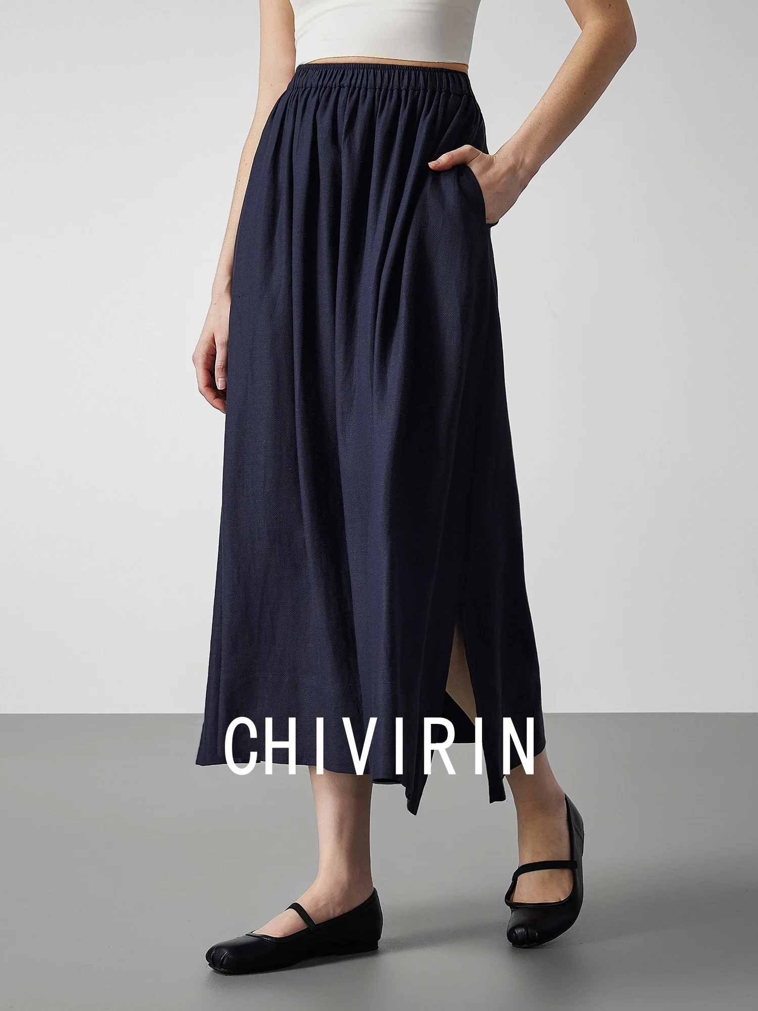 

Льняная юбка Chivirin с высокой талией и эластичным поясом, женская, простая, для повседневной носки, длинная, А-силуэт