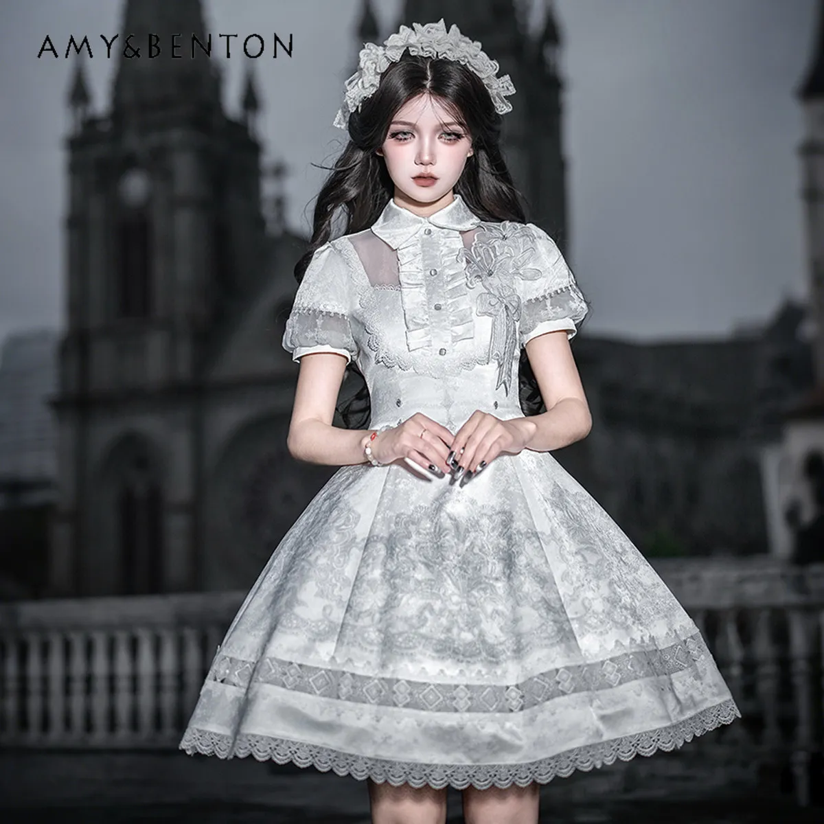 

Original Classical Elegant Cla Lolita Outfits Women Retro Lace Splicing Short-sleeved Op Dress Light Luxury Slim Tutu Dresses