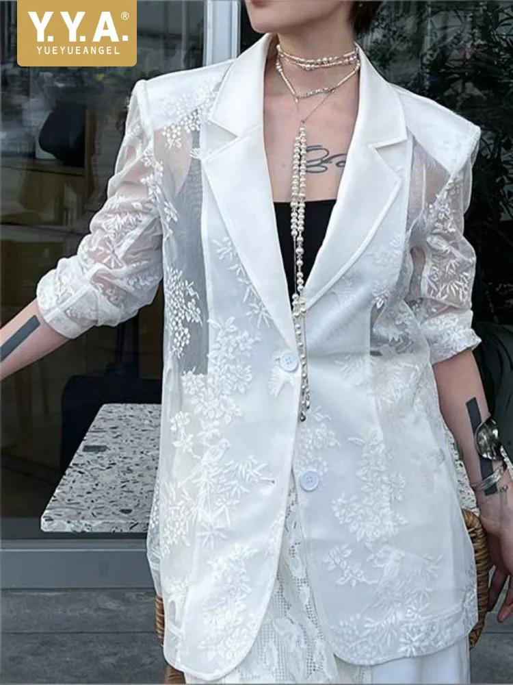 French Ladies Single-Breasted Suit Jacket Loose Women Office Embroidery Blazer Fashion Solid Color Breathable Hollow-Out Outwear