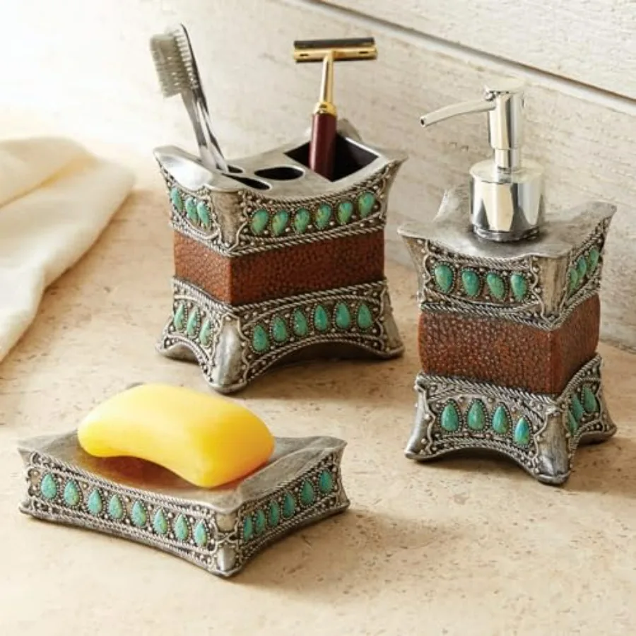 

Tribal Turquoise Bath Accessories Set for Black Forest Decor Premium Material Elegant Color Durable and Stylish Design