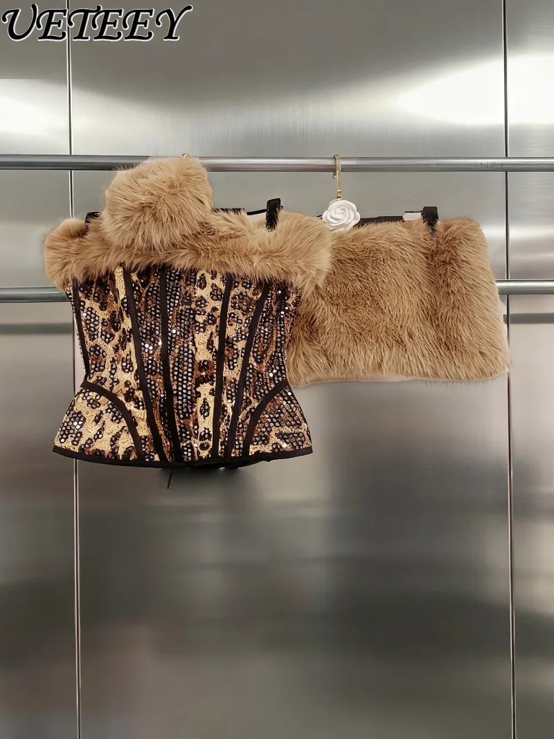 

Autumn New Sexy Hot Girl Sequin Leopard Fishbone Tube Top and Ultra Low Waist Mini Skirt Neck Scarf 3-Piece Set for Women