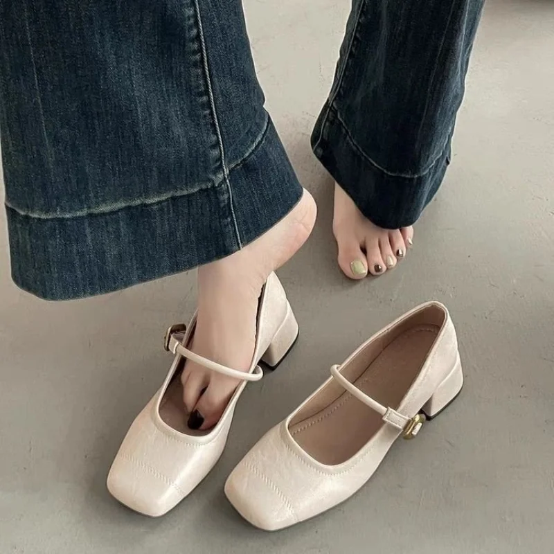 Women's Retro Mary Jane Chunky Heel Shoes, Soft Leather Square Toe Buckle Pumps, Wide Feet Friendly Comfortable Work Flats