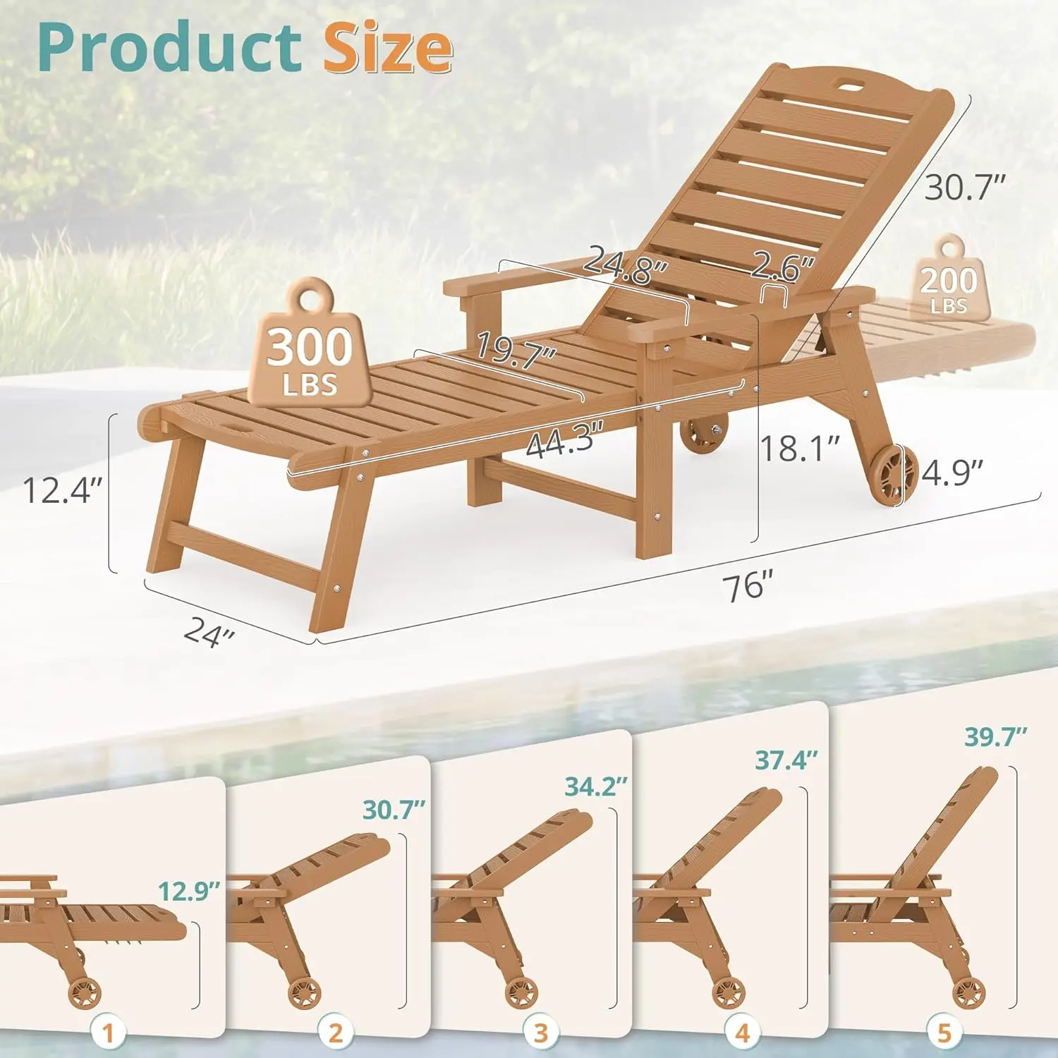 مجموعة كراسي استرخاء خارجية مكونة من قطعتين، كراسي استرخاء HDPS، 5 أوضاع كراسي استرخاء قابلة للتعديل، كرسي صالة حمام السباحة بعجلات