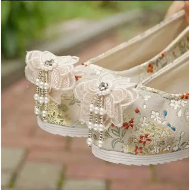 Hanfu Shoes Women Chinese Traditional Ancient Inside Heighten Flat Shoes Embroidery Green Shoes Wedding Hanfu Shoes For Women BS