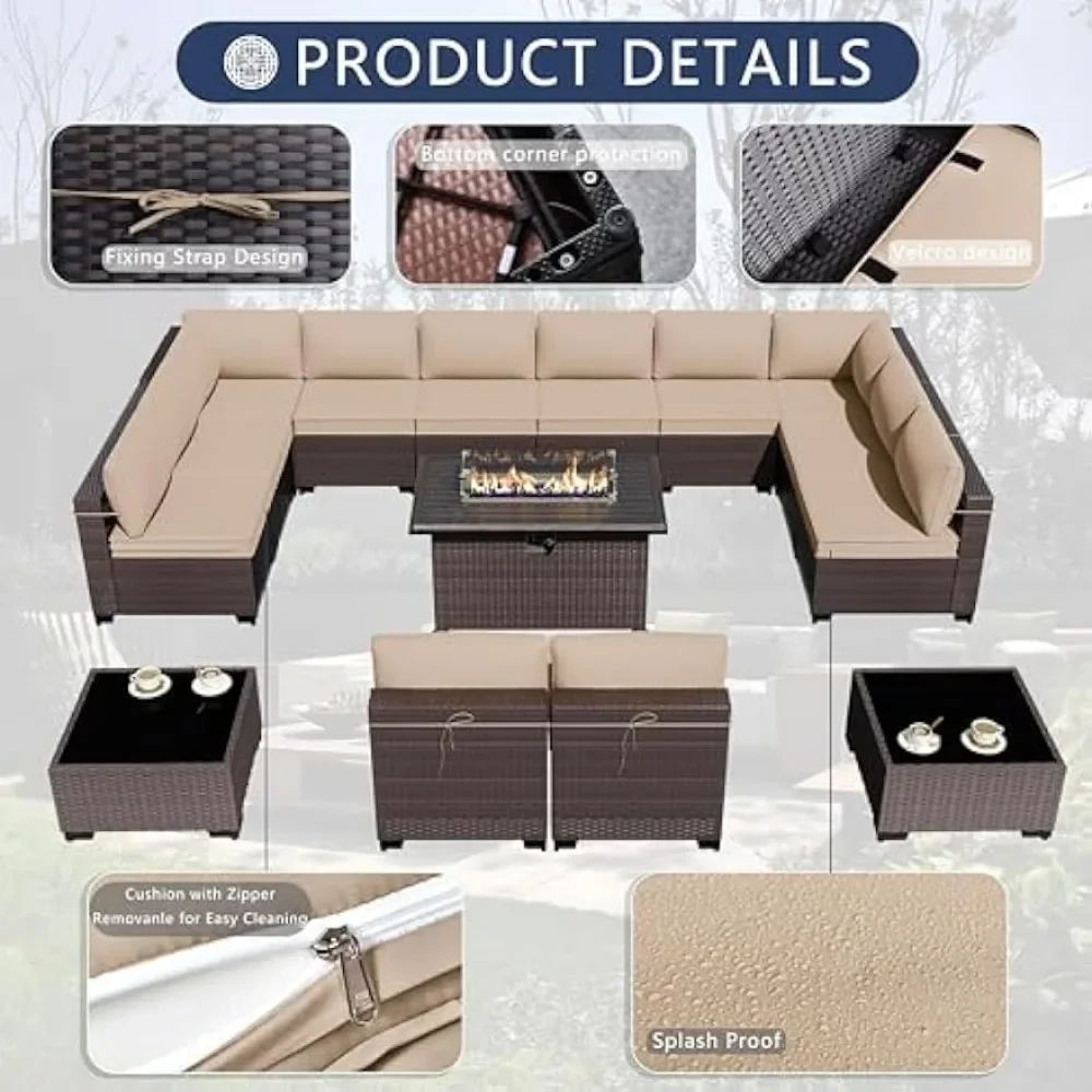 Tuinterras Meubelset Met Gasvuur Tafel, 13 Stuks Buitenmeubelset Sectional Sofa W/43In 55000 Btu Propaan Vuurkorf