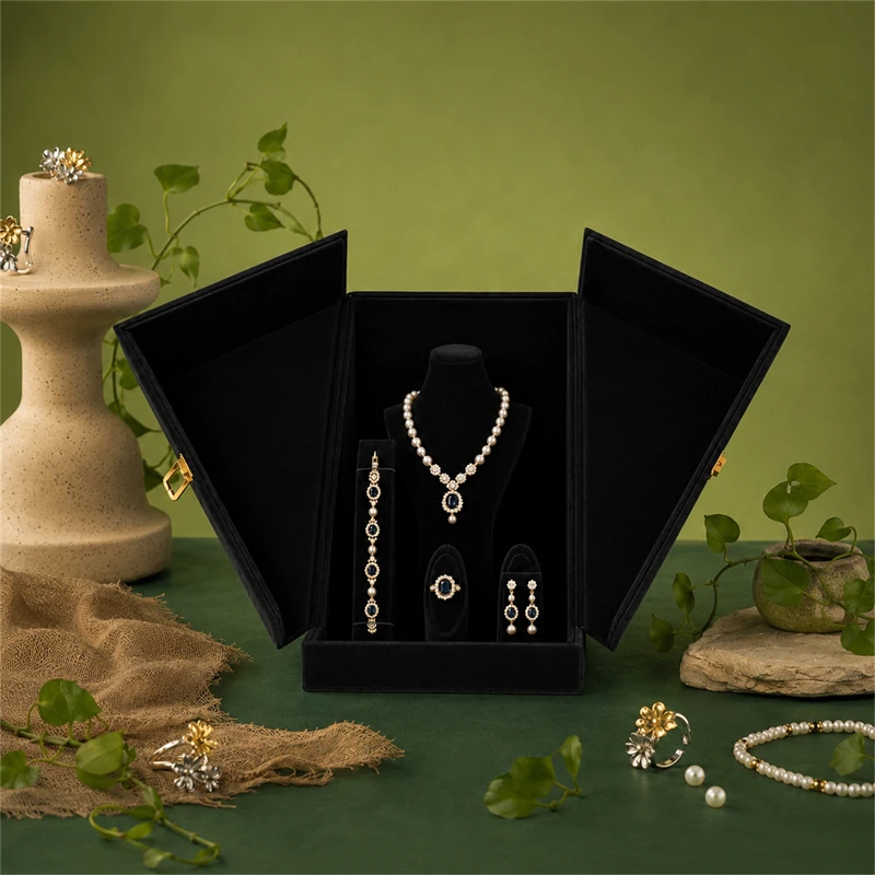 Black Velvet Double-Door Jewelry Display Storage Box, 25x25x35cm, for Necklace Ring Pendant Earring, Large Capacity