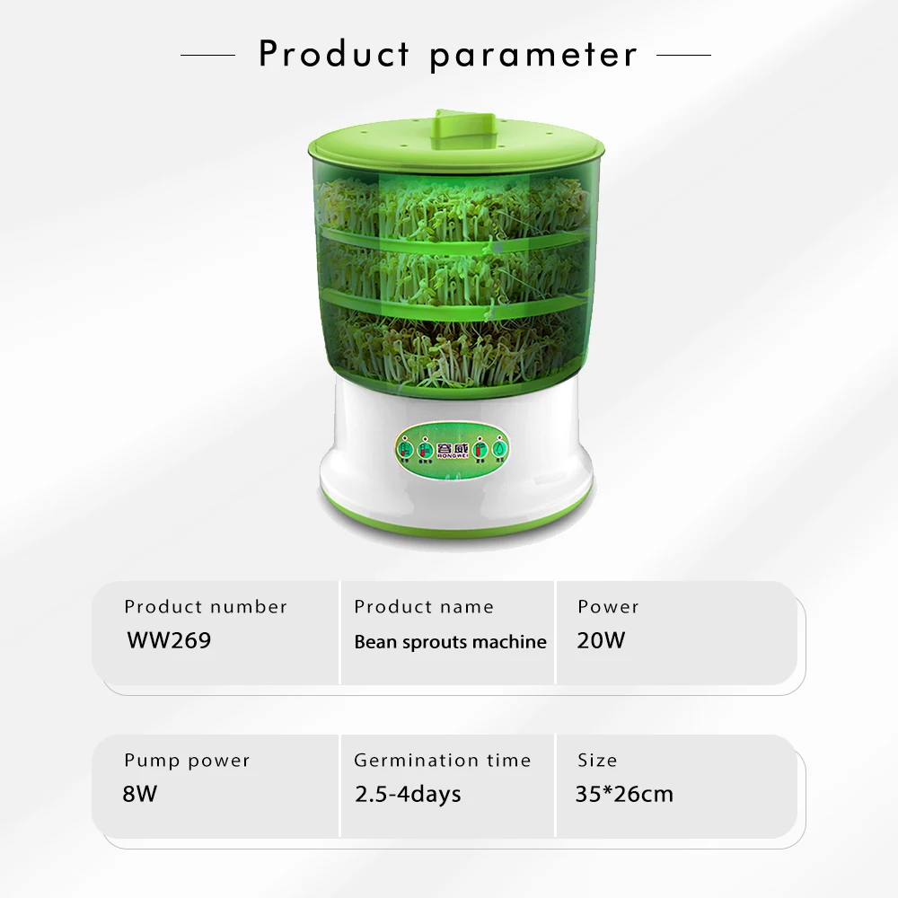 Smart Bean Sprout Machine Constant Temperature Vegetable Seed Planting Bucket 360° Rotating Spray Germinator Machine 3 Patterns