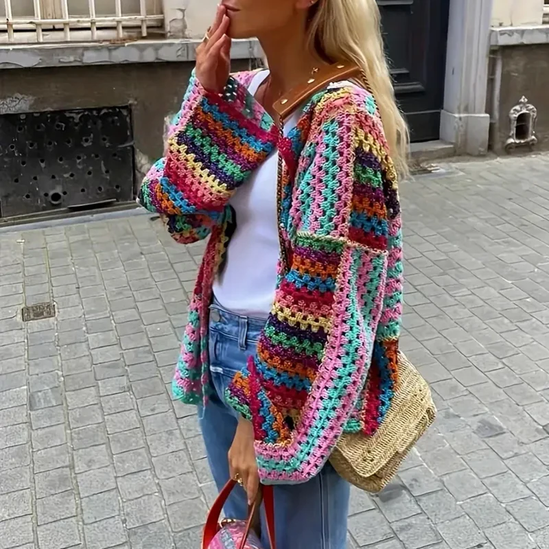Multicolor Crochet Cardigan Women Sheer Openwork Patchwork Knit Open Front Sweater Jacket Boho Beach Vacation Festival Outfit