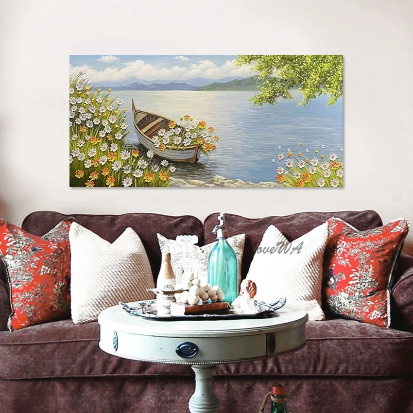 

3d Flowers Natural Scenery Art Painting Abstract Modern Boat Picture Office Artwork Frameless Textured Wall Decoration Canvas