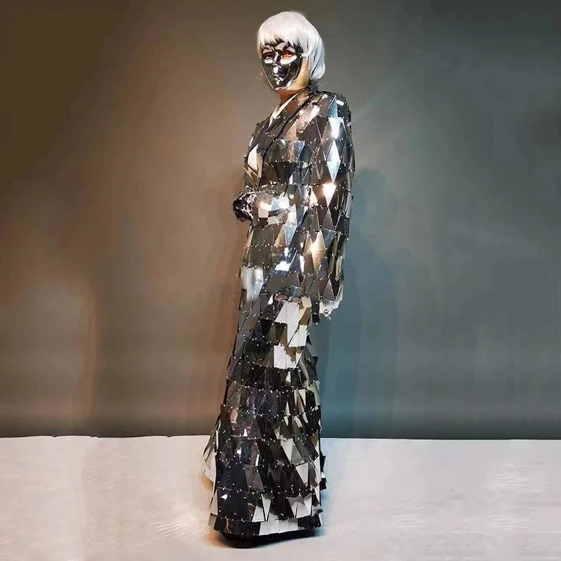 Sparkly Show stage costume Gold Silver Mirror Paper Dress  Performance Dress Robot Suit Party men mirror suit