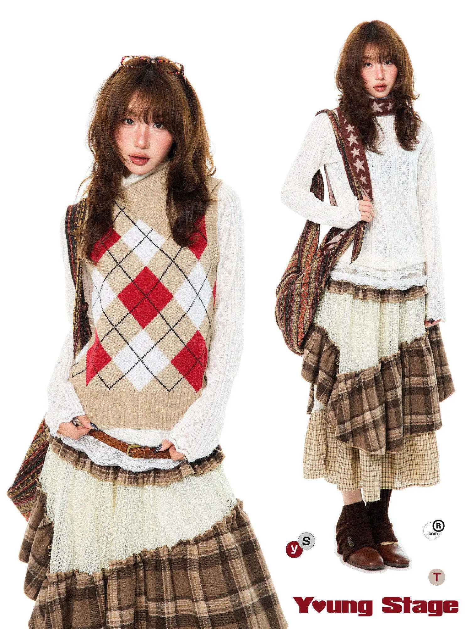 

Young Stage Vintage Plaid Color Block Knitted Vest Women's Spring Warm Two-Piece Set Long Sleeve Inner Wear Top Soft Hollow out