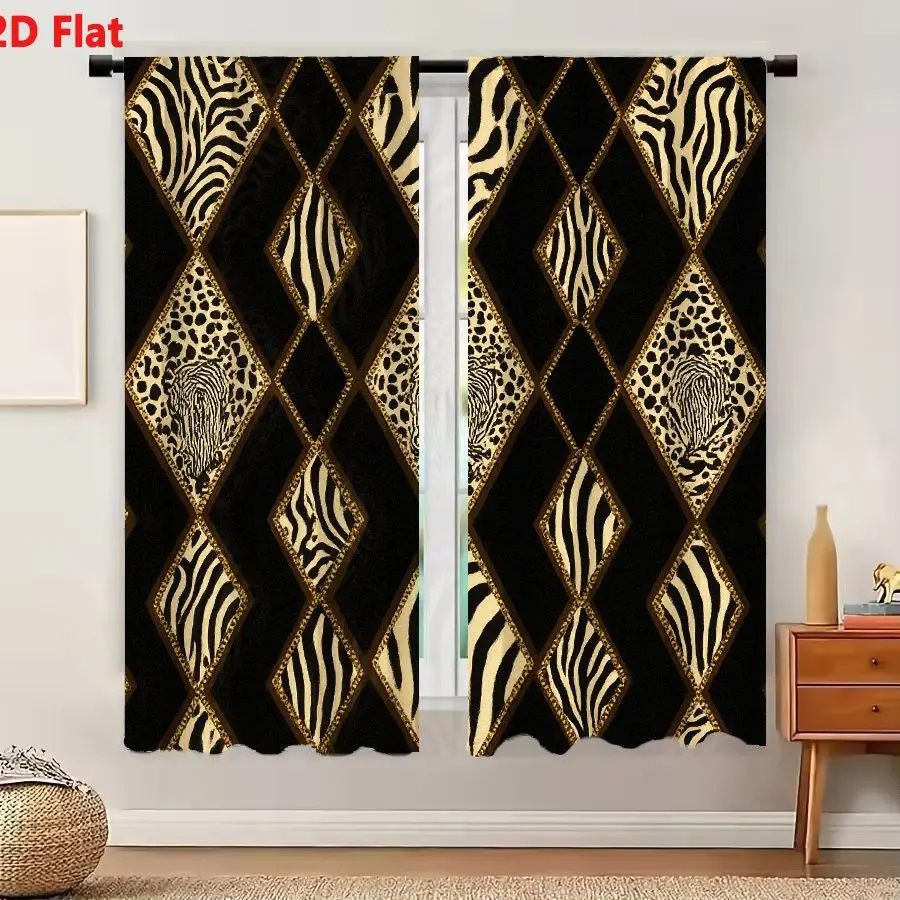 2Pcs Curtains 2D Flat Black Background Beige Zebra Leopard Print Diamond Pattern with Gold Accents Geometric Repeating Decorativ