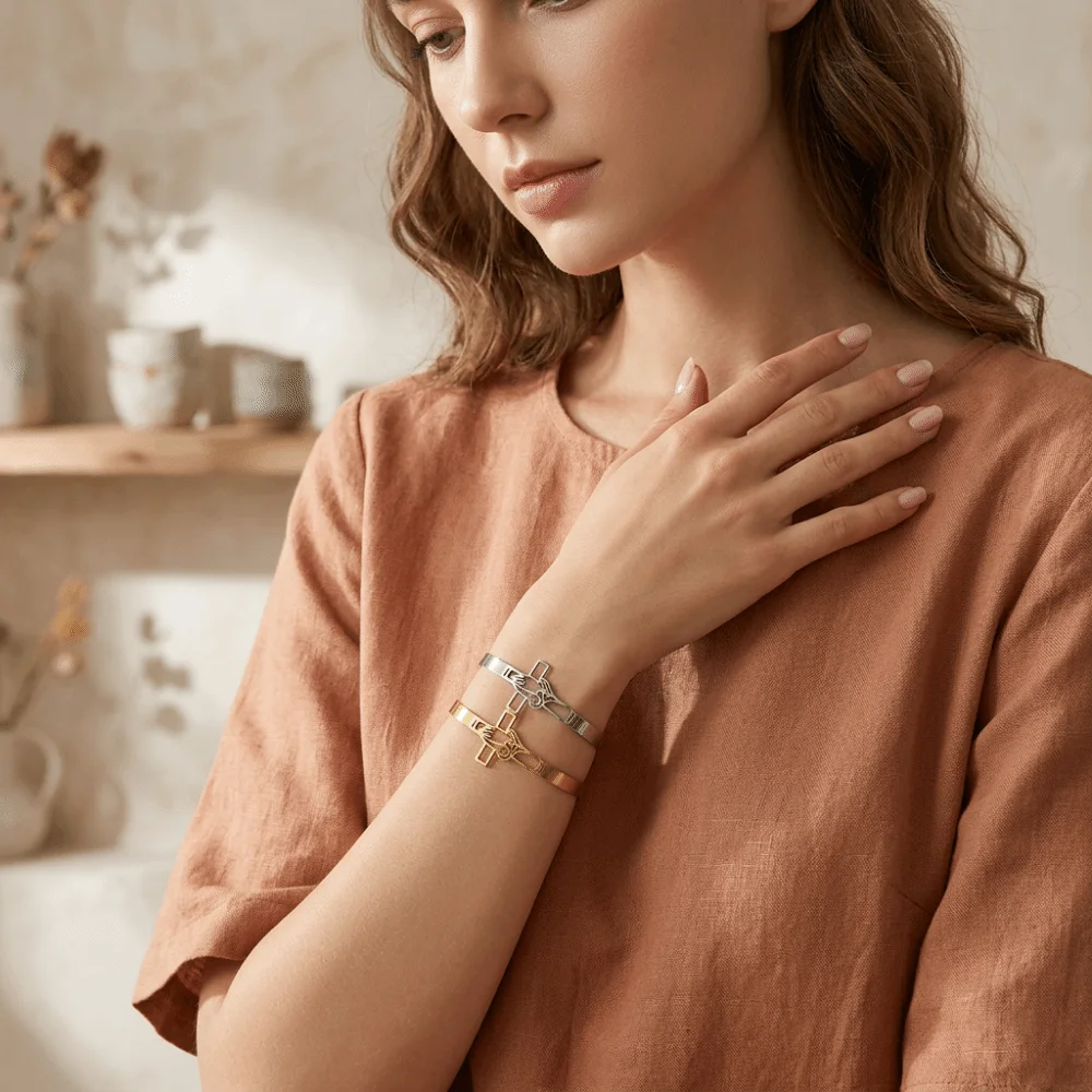 Polished Stainless Steel Cross Bangle Open-Ended Design Tarnish-Resistant Cuff Bracelet Unisex Adjustable Timeless Appearance