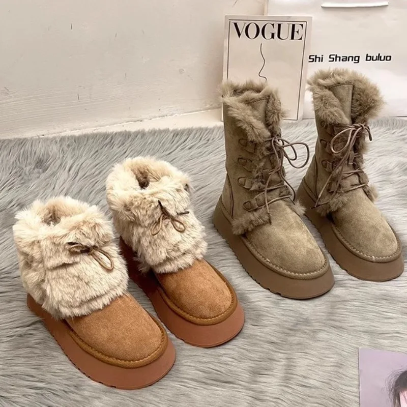

2025 New Vintage Women's Snow Boots Soft Middle Tube Warm Cotton Fleece Lined Thick Sole Outerwear for Autumn