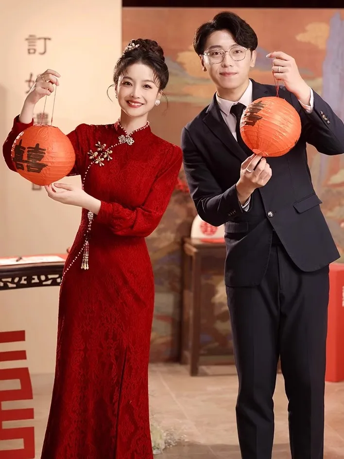 

Red Long Sve Lace Qipao Wedding Dr Fi Tail Evening Gown Bride Toaster Suit Autumn Chinese Sle Return Home Engagement