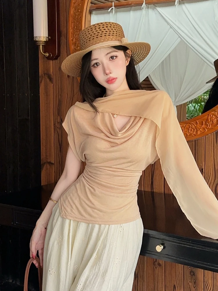 

Elegant Asymmetrical Halter Neck Shawl Chiffon Top Women Summer Pleated Slimming Design Sense Upper Body Fashionable Casual Wear