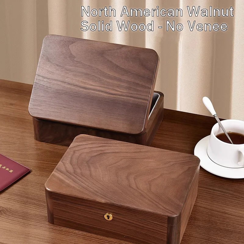 Solid North American Walnut Wood Lockable Storage Box, Luxury Organizer for Documents, Jewelry, Passport & Valuables with Key