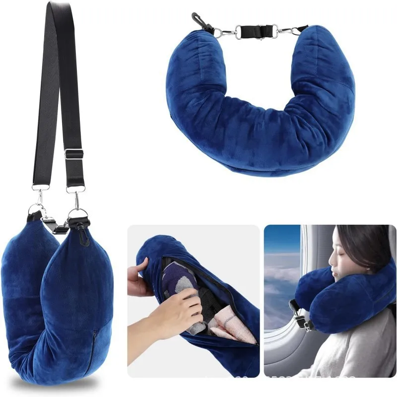 

2 in 1 Fleece Folding Pillow Refillable Travel Bag Solid Color Soft U-shaped Storage Neck CushionTravel Accessories