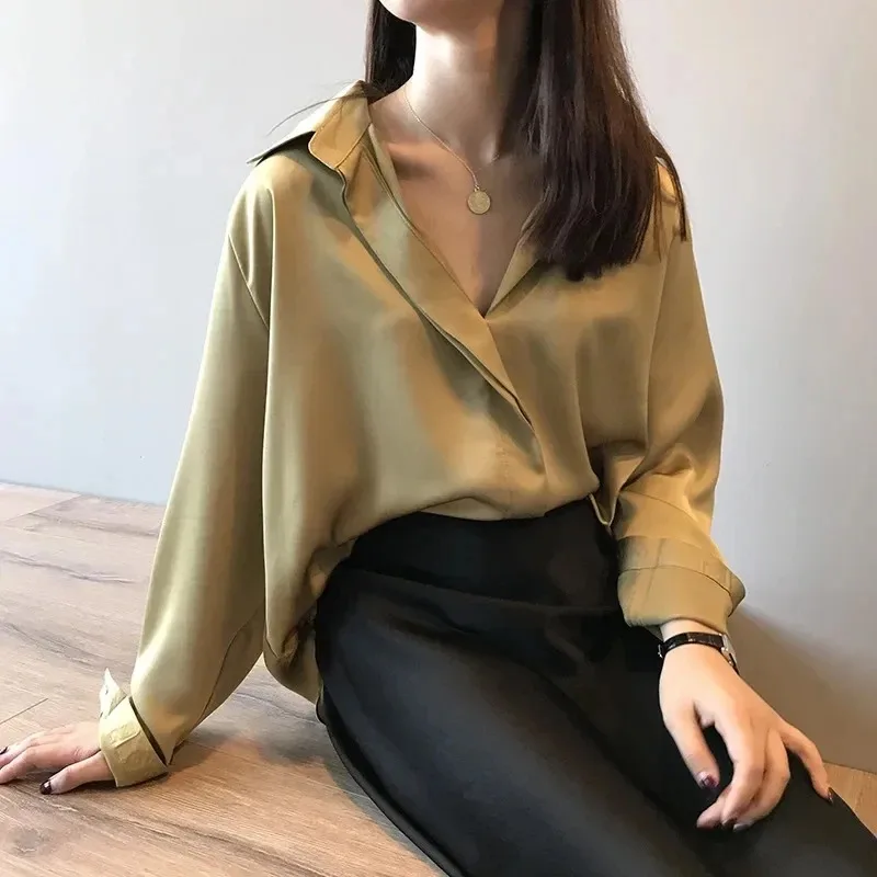 Vintage V Neck Satin Blouse for Women, Long Sleeves, Casual Fashion Tops, Elegant Shirts, Sexy, Spring, Summer, 5273