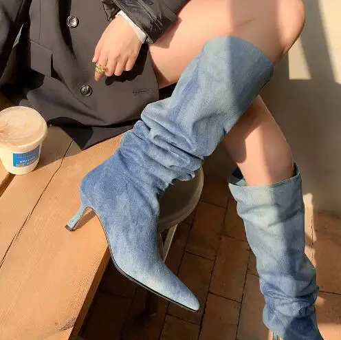 Blue Jeans Denim Pointed Toe Pleated Knee High Boots Women Fashion Tube Slip On 7 CM Thin Heels Long Botas Run Way Shoes Female