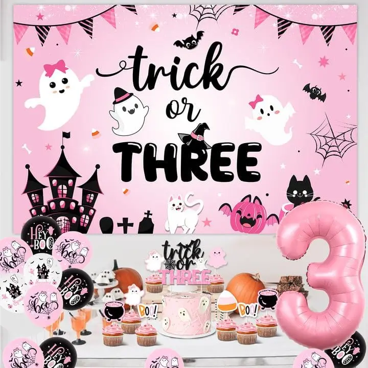 Sursurprise Halloween Girls Trick or Three Backdrop Banner Cake Topper, Pink Black Ghost Balloons 3rd Birthday Party Supplies